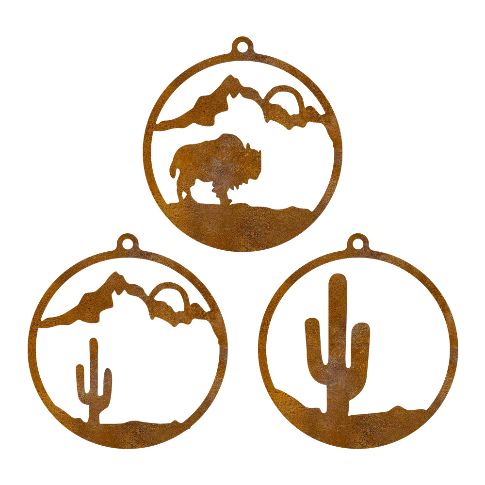 TEMU [rusty Iron Art] 3pcs Christmas Rusty Metal Round Cactus And Buffalo Hanging Ornaments, Christmas Tree Decorations, Garden Art, Housewarming