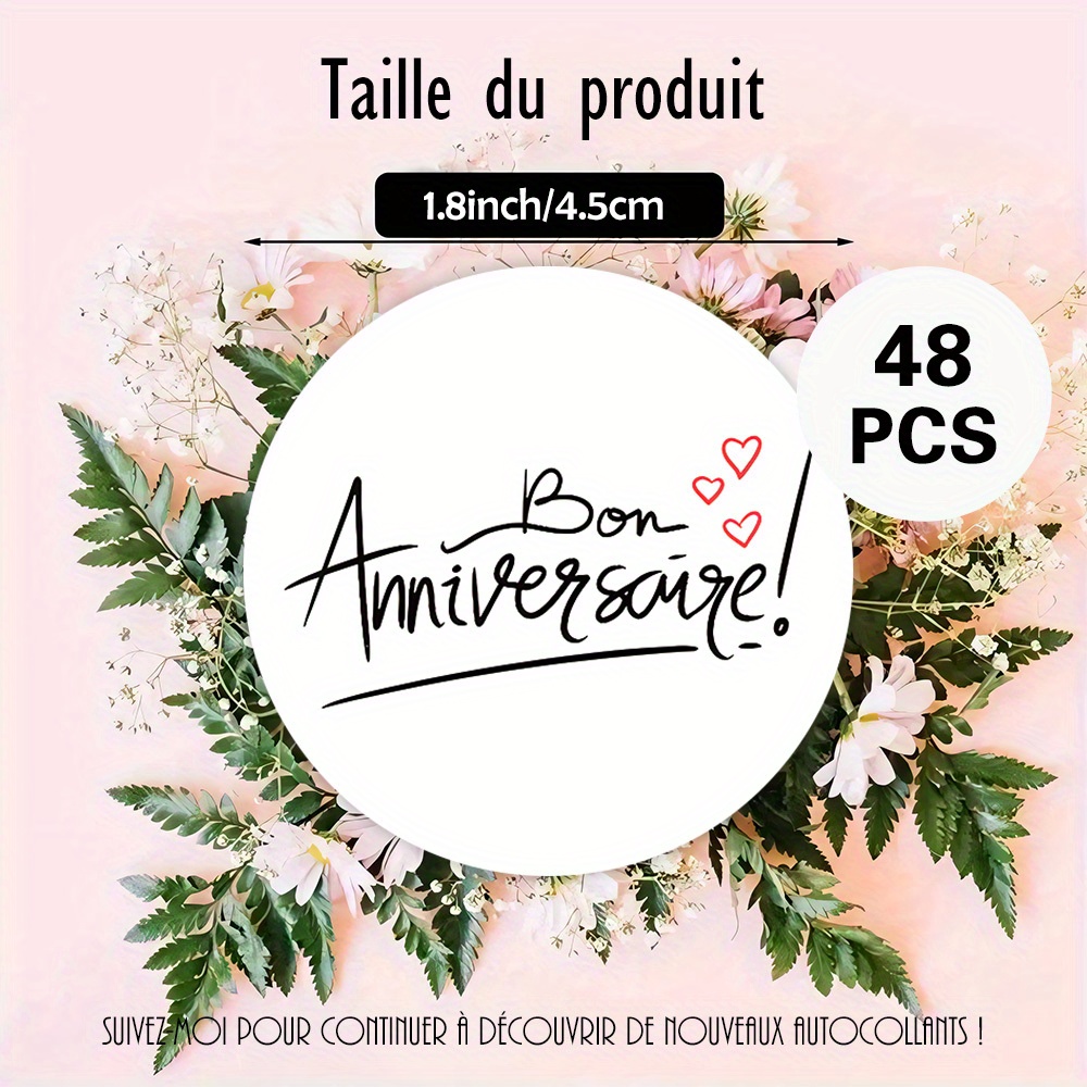 TEMU 48pcs/96pcs/144pcs Autocollants Ronds " Anniversaire !" avec Cœurs Rouges, Style Calligraphique, Parfaits pour Décorations d'Anniversaire, Sacs