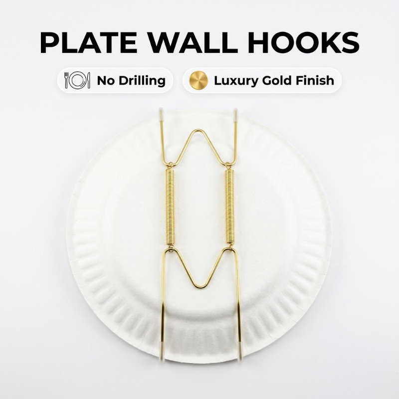 Adjustable Invisible Plate Hangers for Wall Display - Spring Wire Picture Mounts with & Golden Coating, Retains Elasticity Suitable for Gallery Walls, Art Studios, Modern Living Room Decor, Discreet Plate Holders