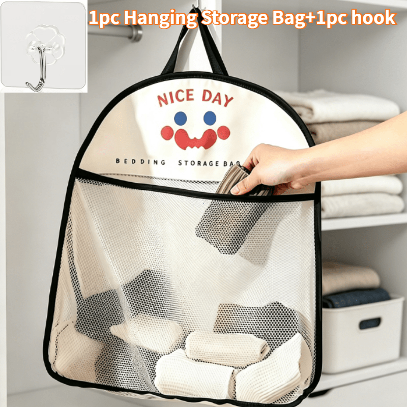 TEMU 2pcs Set Of Hanging Net Storage Bag Set With Hooks, Cute Animal Pattern Breathable Foldable Wall Storage Bag, Space-saving Pouch For Socks,