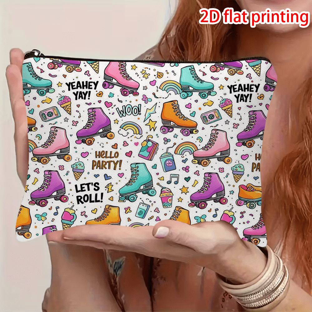 TEMU 1pc Women' Skate Pattern 2d Flat Printing Zipper Pouch, Colorful Design, Portable And Foldable, Ideal For Travel Or Daily Use, Perfect Gift For