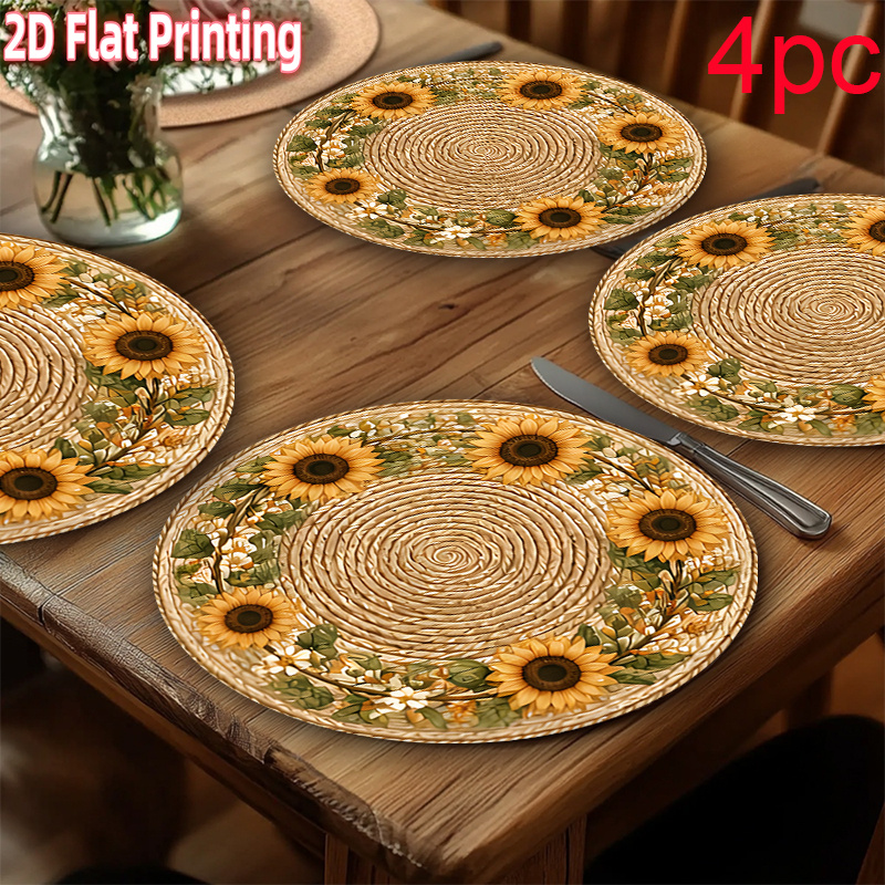 TEMU 2d Flat Printing, 4pcs Round Placemat Set - Sunflower Willow Anti-slip Heat-resistant, Ideal For Elegant Restaurants, Kitchens, Hotels,
