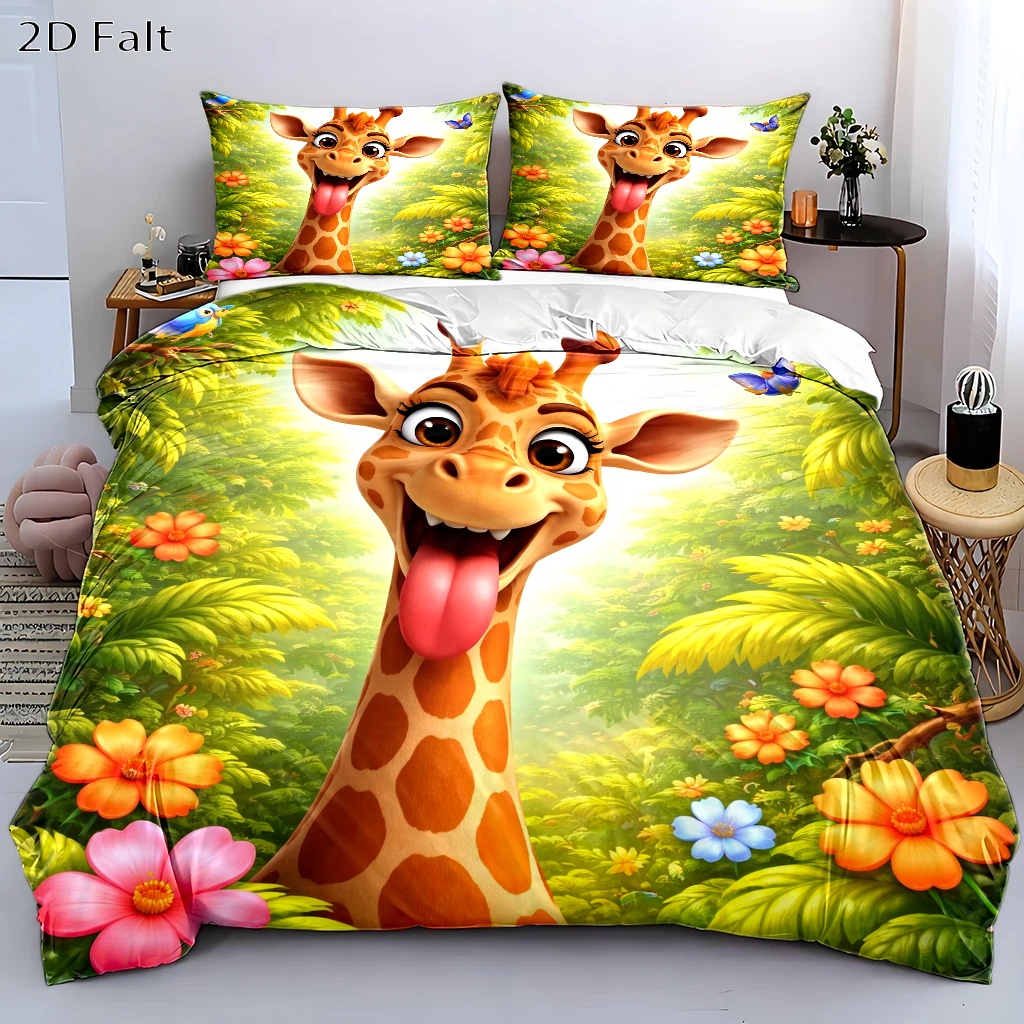 TEMU 3pcs Cartoon Giraffe Jungle Floral Duvet Cover Set, Bedding 3pcs Set (1*duvet Cover   2*pillowcases), Suitable For , Machine Washable, Invisible