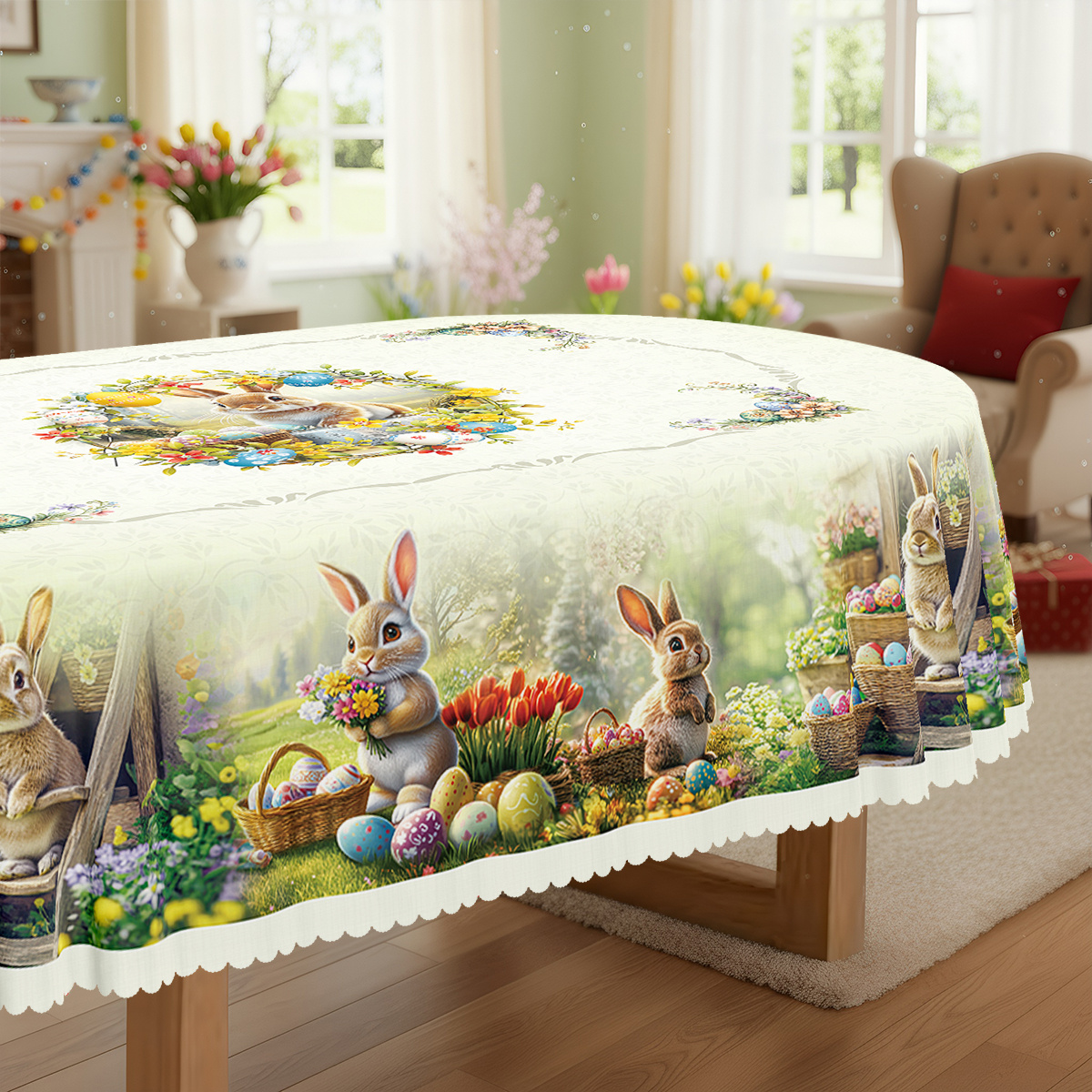 TEMU 1pc, Easter Themed Party Tablecloth, Spring Summer Rabbit Colored Eggs Tulip Floral Printed Design, Rectangular/round/oval Table Cloth, Embossed