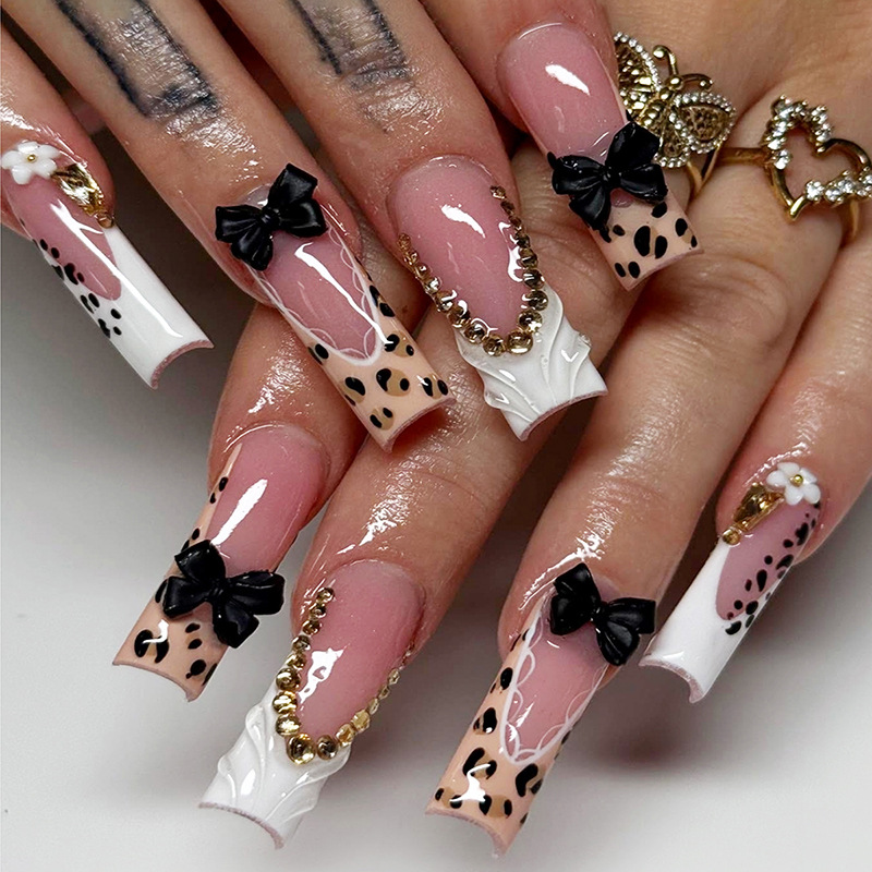 TEMU New European And Leopard Print Press-on Nails, High-end Long Coffin Shape With Crown, Pink Bow, Suitable For Beauty-loving Ladies And For Dates,