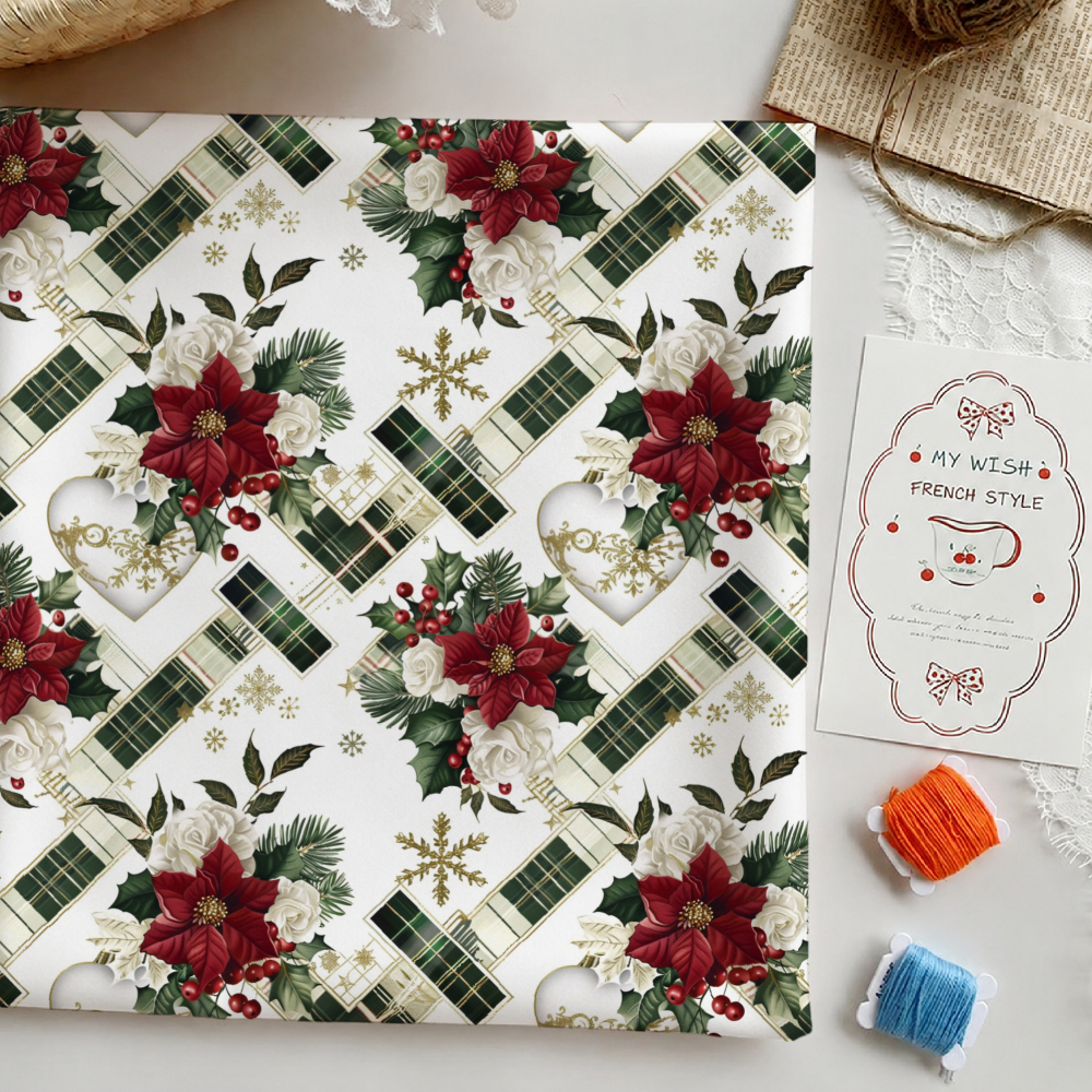 TEMU 1pc Tissu imprimé numérique à motif floral de Noël à carreaux et de neige, disponible en plusieurs tailles, tissu doux et confortable, tissu
