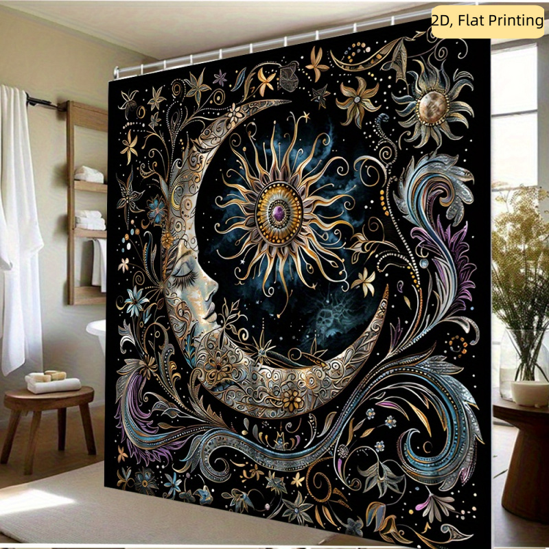 TEMU 2d Flat, 2d Flat, 1pc 2d Shower Curtain With Moon And Sun Pattern, Vintage Floral Night , Suitable For Bathrooms, Elegant Celestial Theme,