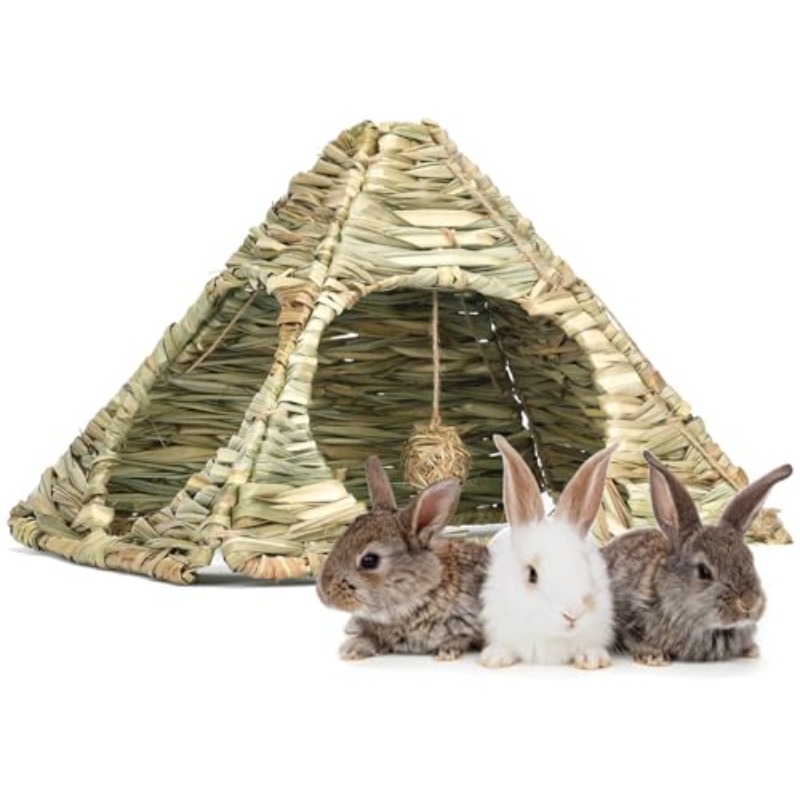 2 Sets 33.02cmX11. 20.32cm X 27.94cm Small Animals Grass Foldable Woven Animal Hut Bunny Triangular House Play Hideaway Bed Hay Mat Chew for Rabbit Guinea Pigs Gerbils Hamster