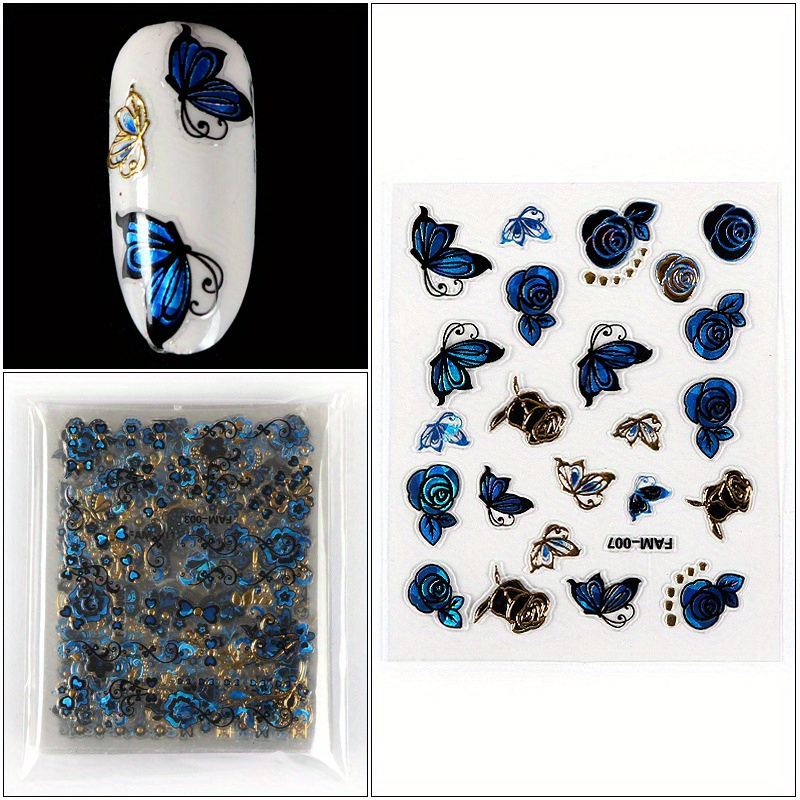 30pcs Blue Golden 3d Nail Art Sticker Hollow Decals Mixed Designs Adhesive Flower Nail Tips Letter Set