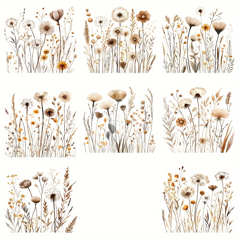 Image of Set Of 8 Bohemian-themed Plant Design Uv Dtf Cup Sticker Transfer Papers | Made From Self-adhesive Material, Ideal For Smooth Surfaces Like 16oz Glass Jars, Mugs, Gift Boxes, And More
