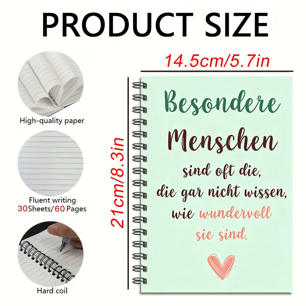 Image of Inspirational Quote, Spiral Notebook, Spiral Bound And Lined, Special People German Text Design With Heart, Adult Journaling And Daily Writing, 60 Pages, Single Pack