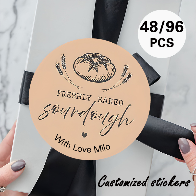 TEMU Custom 48/96pcs " Baked Sourdough" Round Stickers, Personalizable Text Content, Featuring Sourdough Bread With Wheat In Rustic Style, Suitable