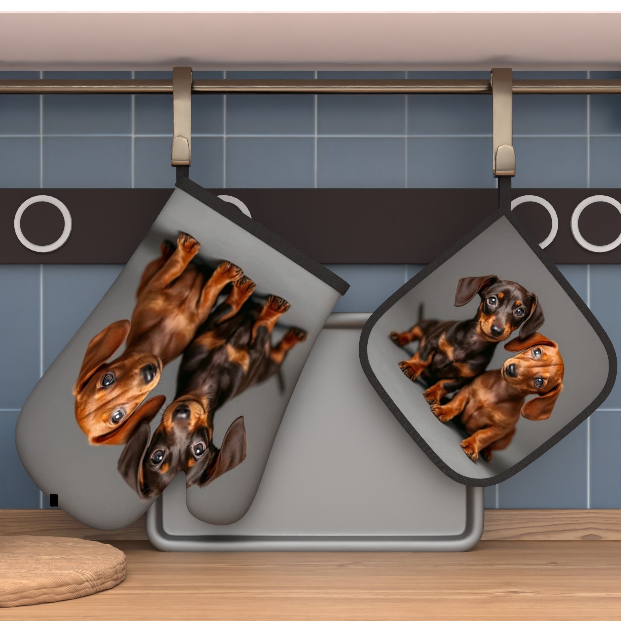 TEMU 2pcs Oven Mitts And Pot Holders With Cute Brown Dachshund Dog - Heat-resistant Suitable For Grilling, Baking, Cooking, Microwave, Machine