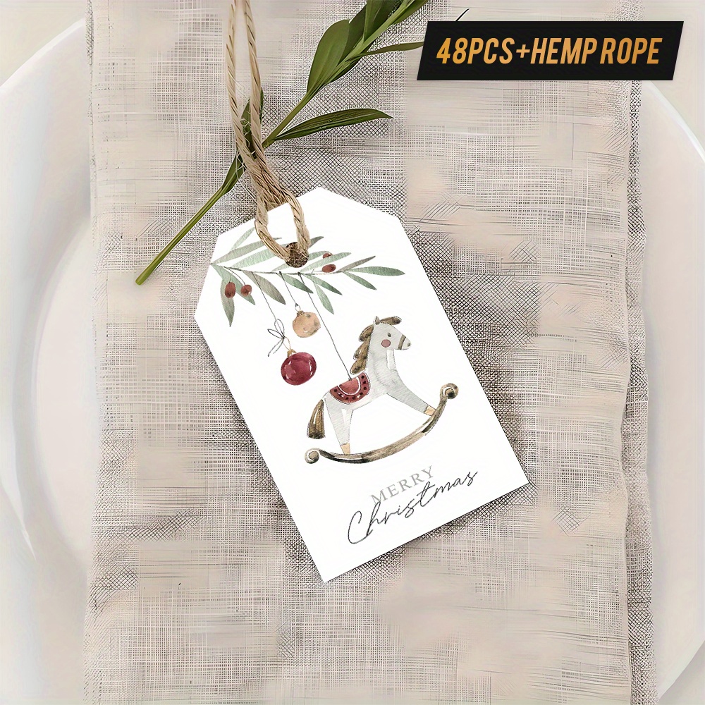 Image of 12pcs/48pcs/96pcs Vintage Tags With Hemp Rope - Elegant , Red Berries & Hanging Loop Wrapping, Decorations - Classic Holiday Design With Merry Script - Personal Or Commercial Use - Nostalgic Part