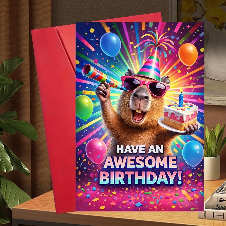 TEMU ãparty Invitationsã1pc Capybara Birthday Card With Envelope - Cute Capybara Balloons & Cake Design Suitable For ,,, Themed Party Decorations,