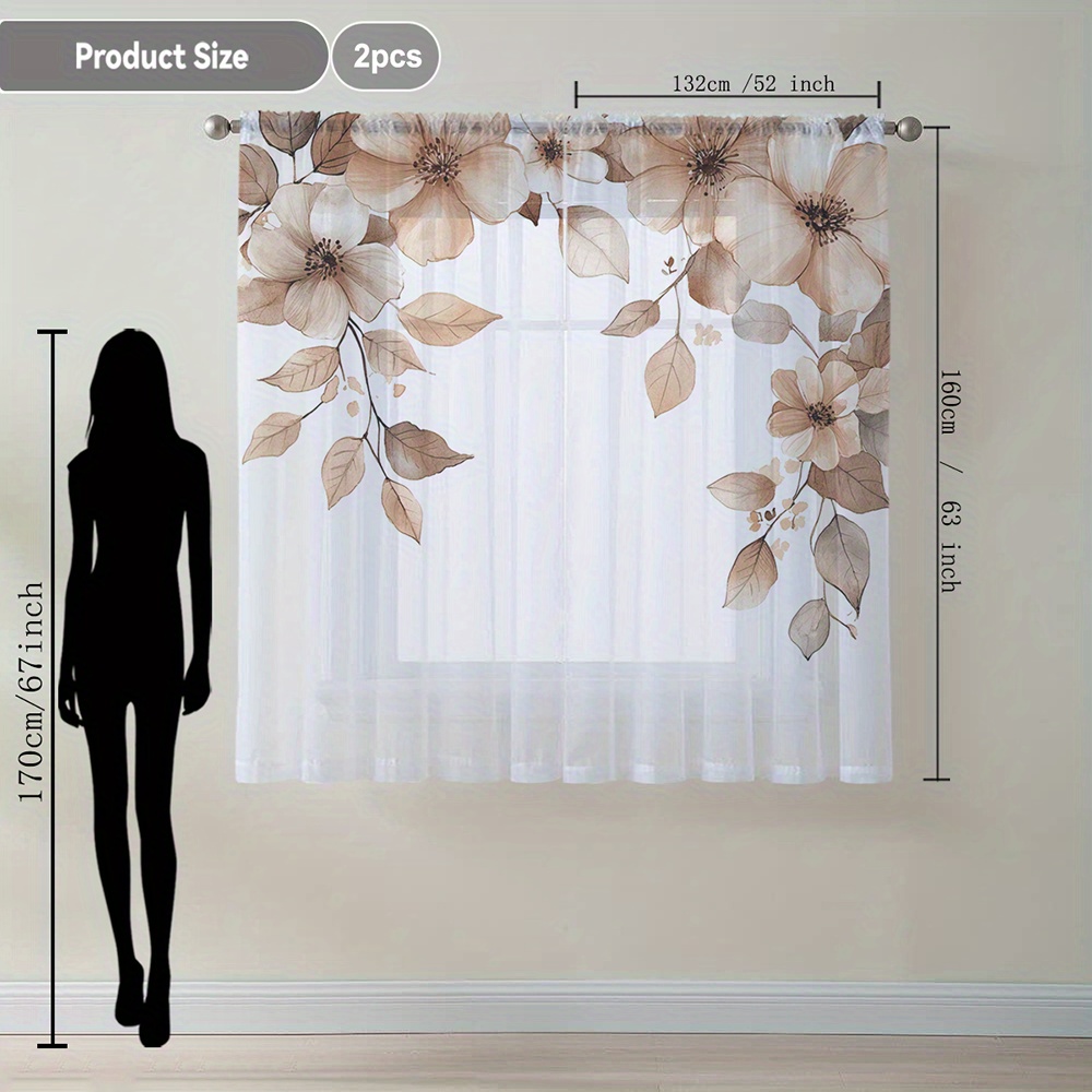 Image of 2pcs Brown Flower And Leaf Printed Home Decor Sheer Curtains With Rod Pocket, Flowy Curtain Suitable For Kitchen, Cafe, Living Room, Balcony, Garden