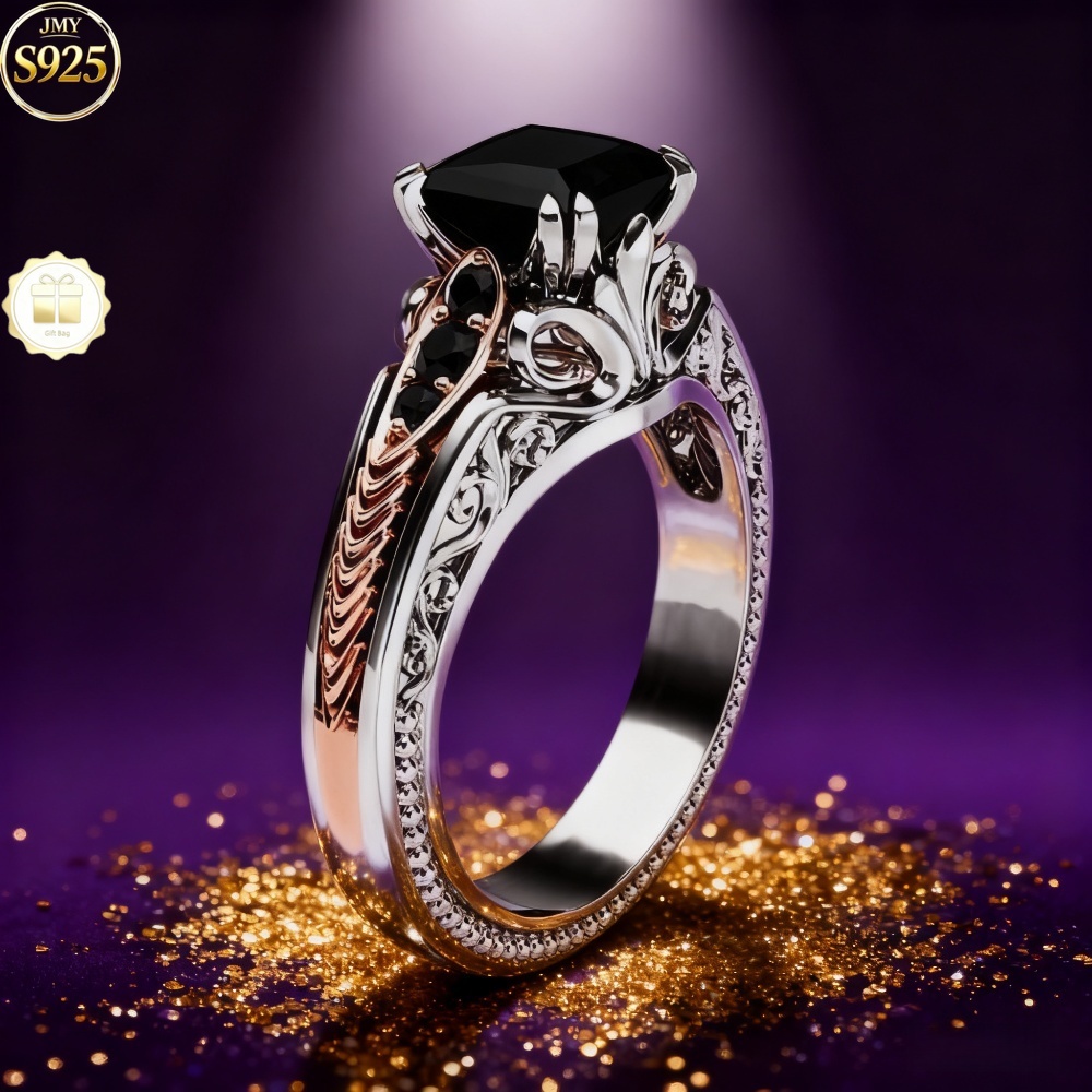 TEMU Gift Box Set 925 Silver Luxury New Women's Engagement Ring: Full Micro-inlaid Square Synthetic Zirconia, Gradient Black, Rose Golden ( Look),