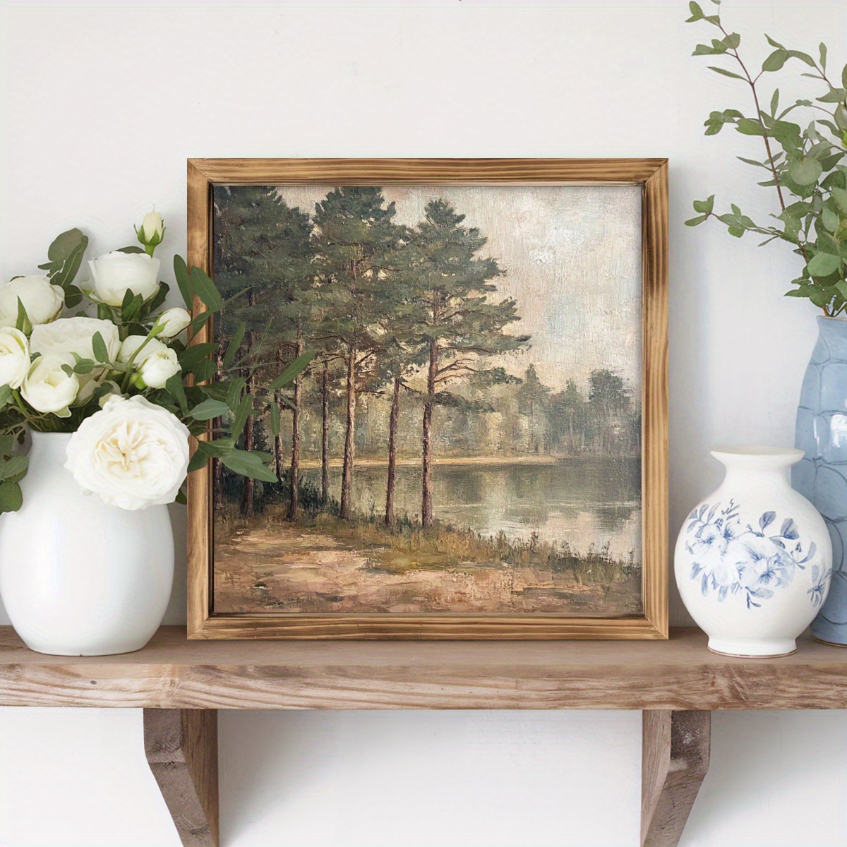 TEMU Vintage Style Wooden Frame Landscape Painting - Forest And Scenery, Ideal For Kitchen, Bathroom, Bedroom, Office Decor, Perfect Housewarming Or