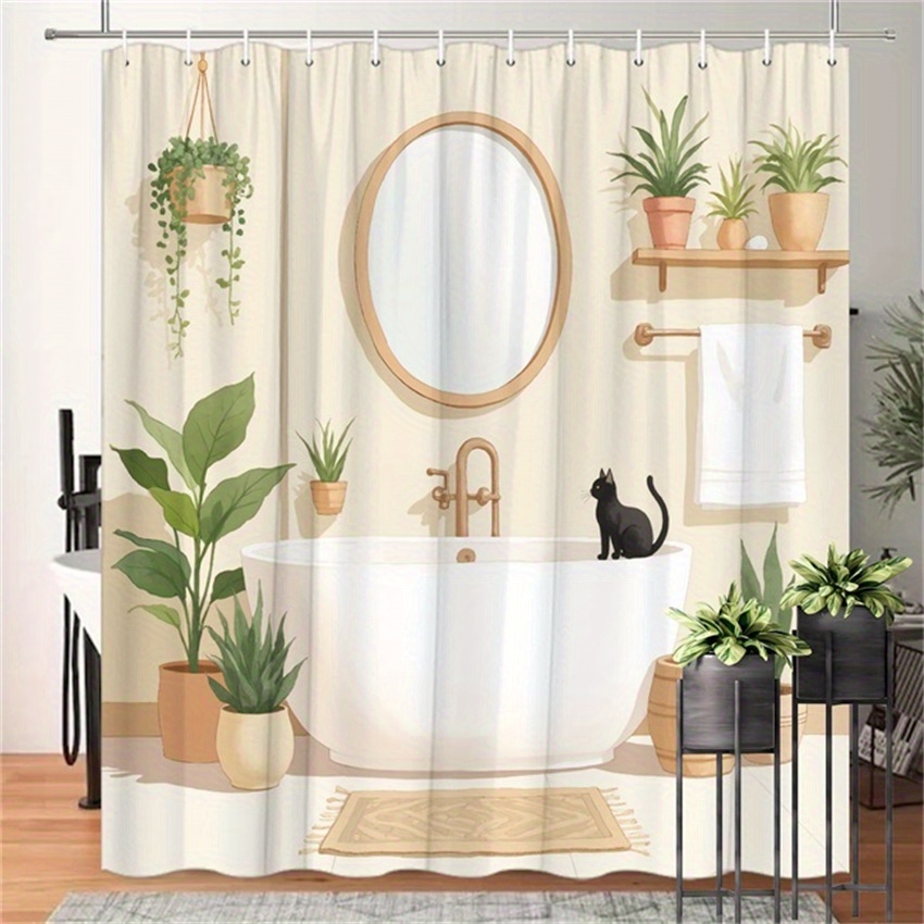 TEMU Rideau de Douche Salle de Bain 1pc - Motif Plante et avec Baignoire , en Bois, Plantes en Pot - Tissu en Polyester 70.8x70.8 Pouces, 12 Crochets