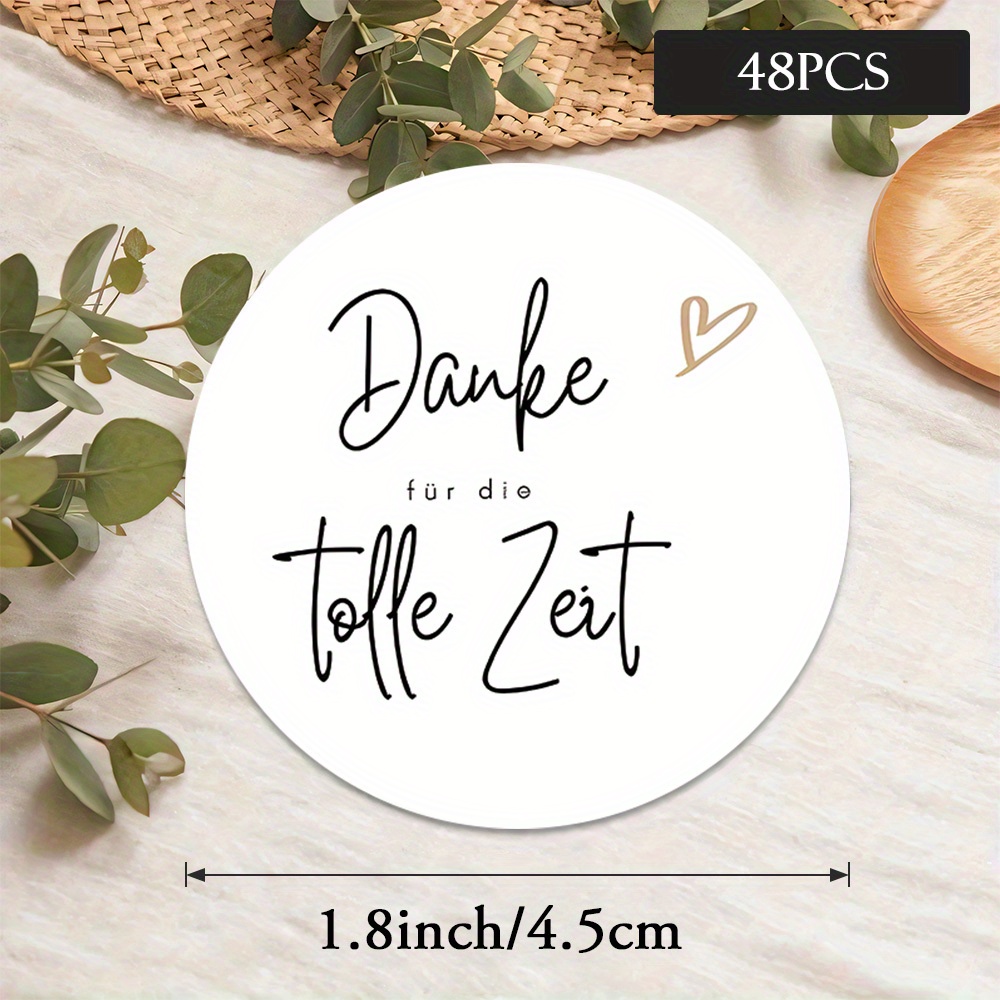 E-shop Aufkleber mit handgeschriebener Botschaft und goldenem Herz mit der "Danke für die tolle Zeit", erhältlich in Packungen mit 48, 96 oder 144