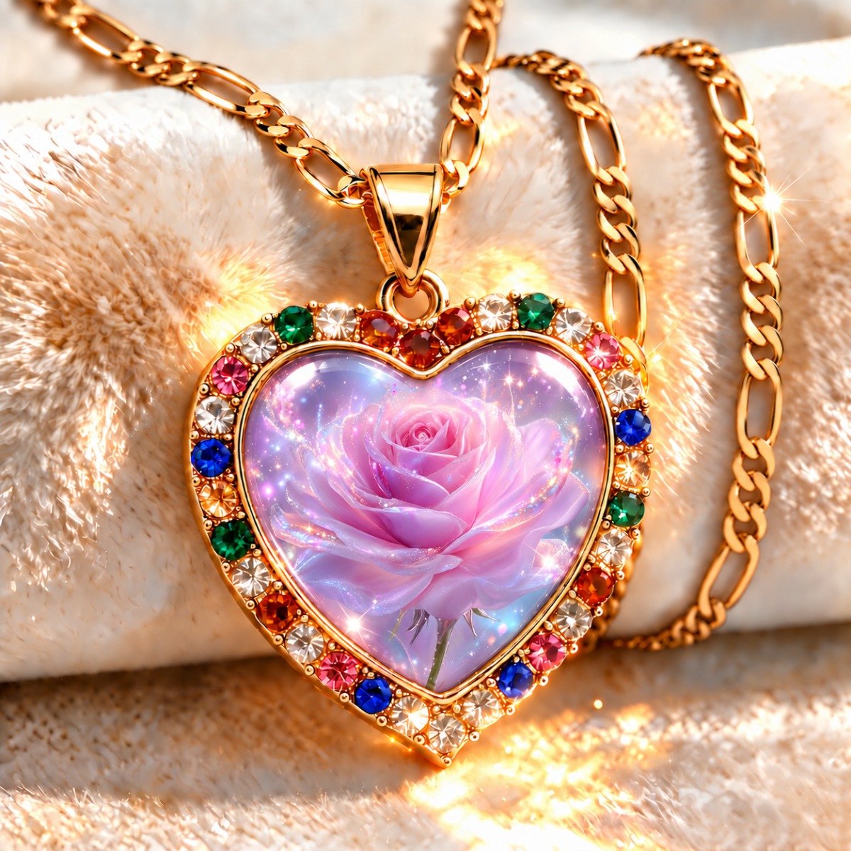 TEMU Women's Pink Pendant Necklace, Design With Multicolor Sparkling Accents, Golden-tone Chain, 45+5cm Adjustable Necklace, Elegant Jewelry Gift For