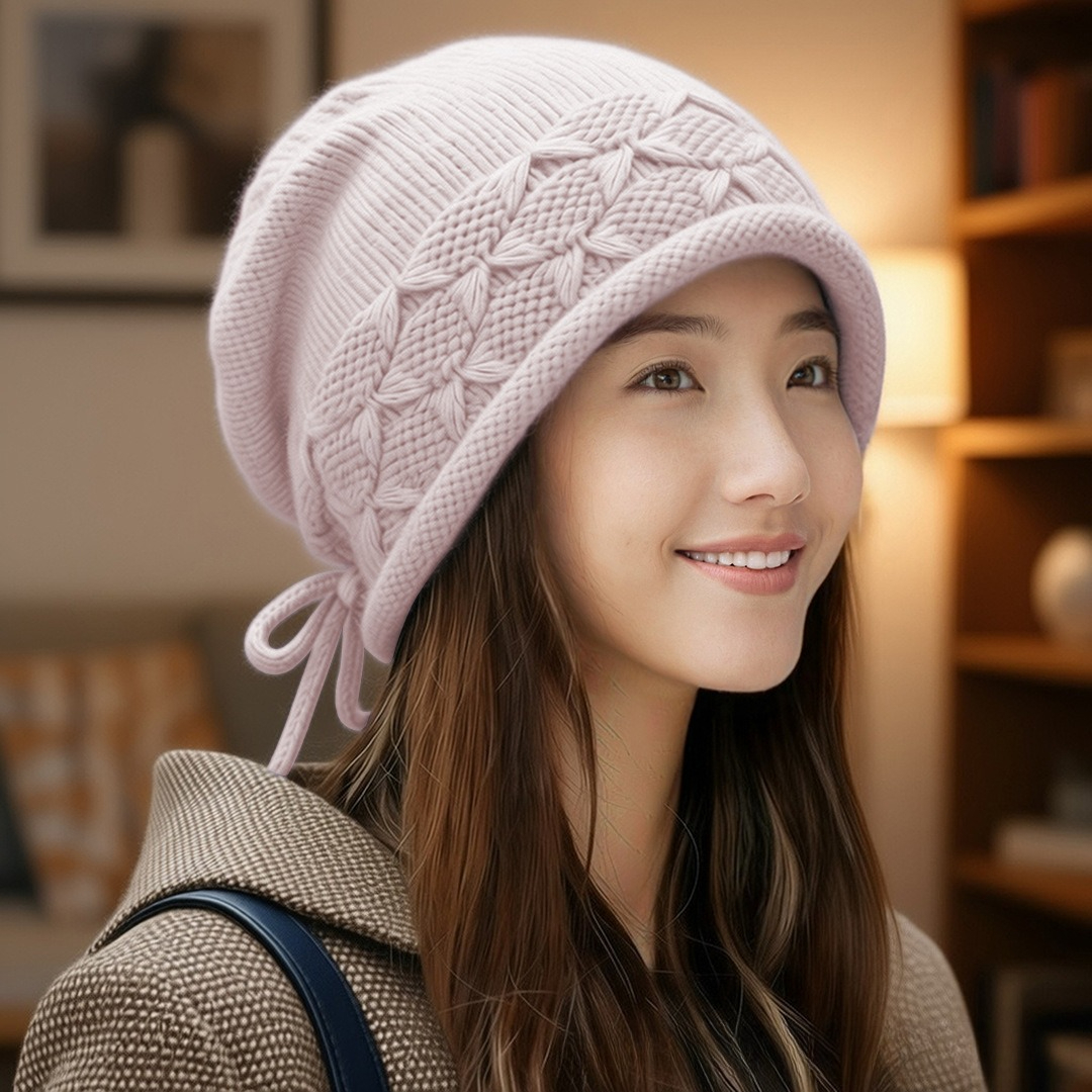 Big Head Wide Elastic Bag Head Pile Hat - Women's Face Enhancing Small Autumn Winter New Style Ear Protection Drawstring Versatile Warm Hat