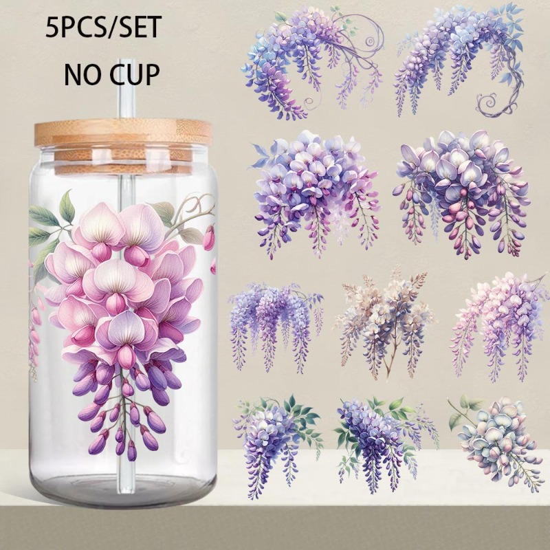 TEMU 5pcs/set Beautiful Floral Decoration 16oz Glass Jar Transfer Paper Uv Dtf High Self-adhesive Transfer Paper Suitable For Decorating Cups And