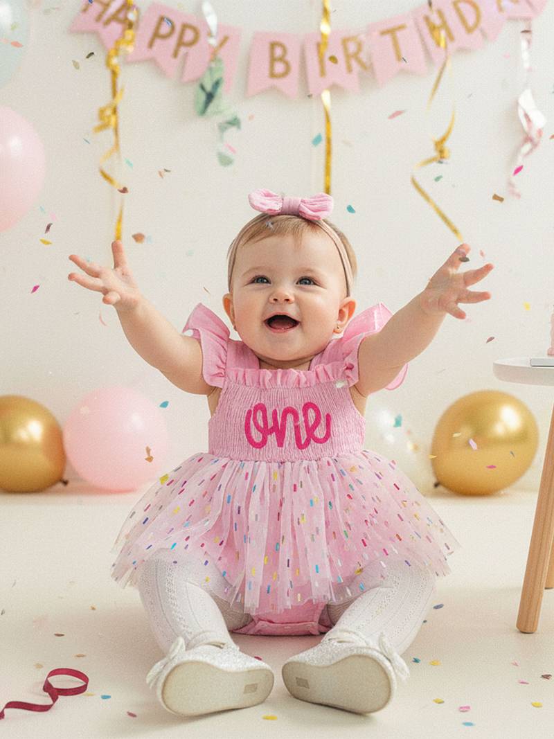 Baby Girl 1st Birthday Outfit - Tulle Romper With Headband For Cake Smash Photos