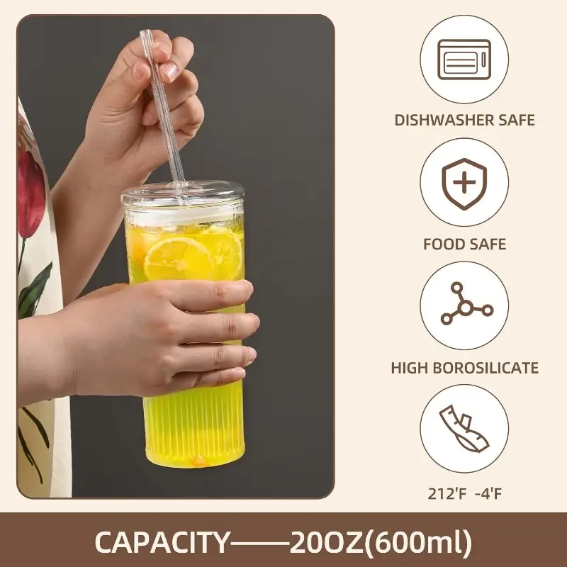 20oz high borosilicate glass tumbler with lid straw reusable wide mouth coffee cup clear smoothie cup for iced drinks durable stylish design home office or on the go use coffee travel mug office drinkware modern drinkware durable drinkware Product details 1