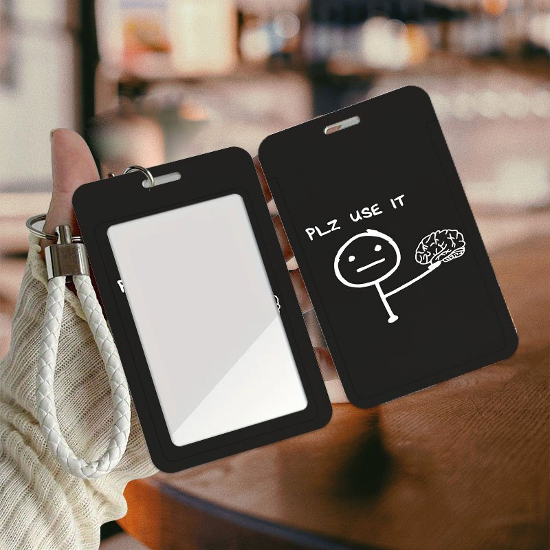 TEMU Easy Line Character Holding Brain Pattern, Black Plz Text Print, Printed Pattern Id Badge Holder, With Handheld Short Rope, Plastic Name Card
