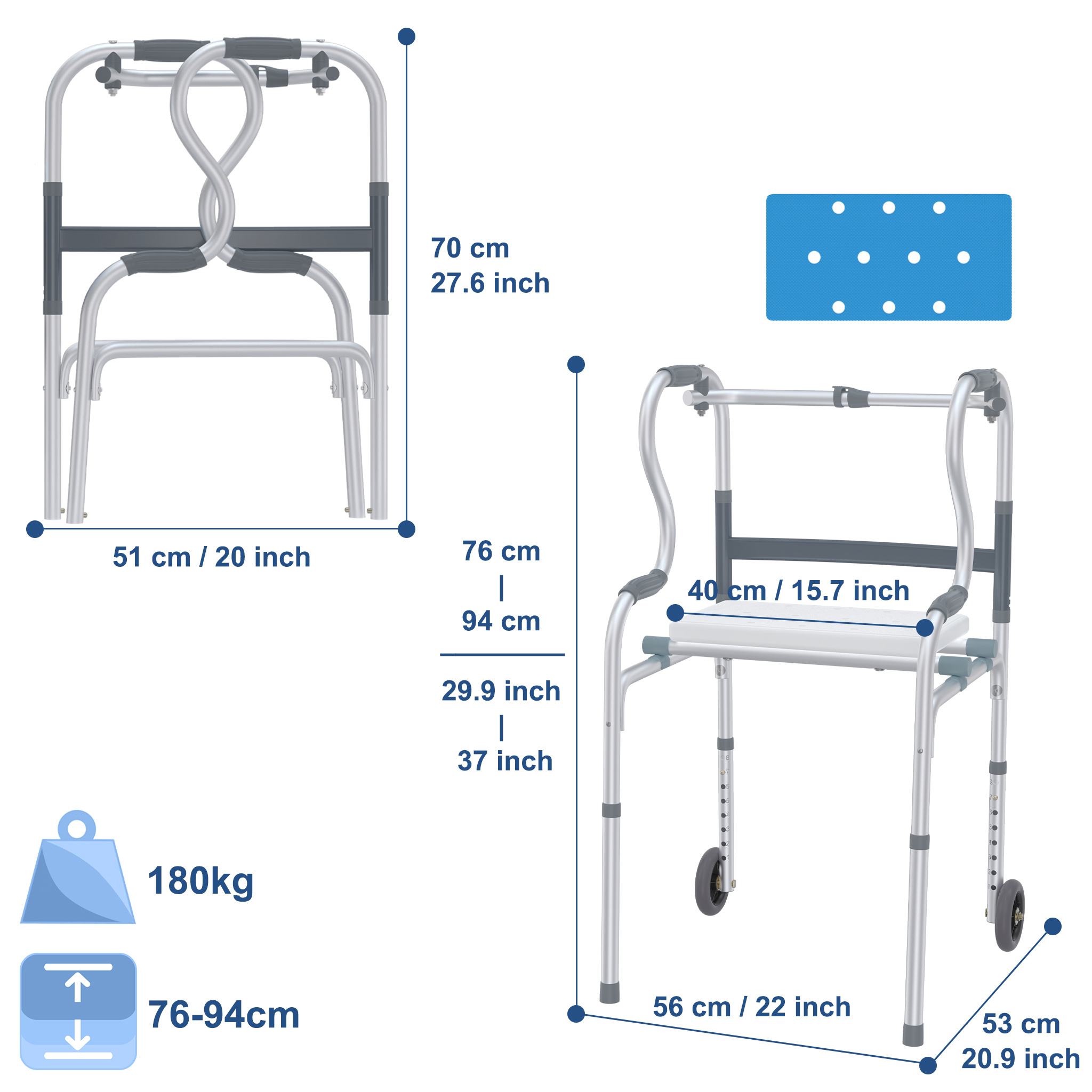 Standing Aid And Support Frame For Adults - Foldable With 8-level Height Adjustment, 2 Steering Wheels And Seat, 180kg, Aluminum