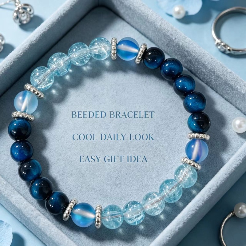 TEMU Ombre Deep Contrast Bracelet With Light Blue Round Beads And Dark Blue Spacer Beads, Unisex Stretch Bracelet