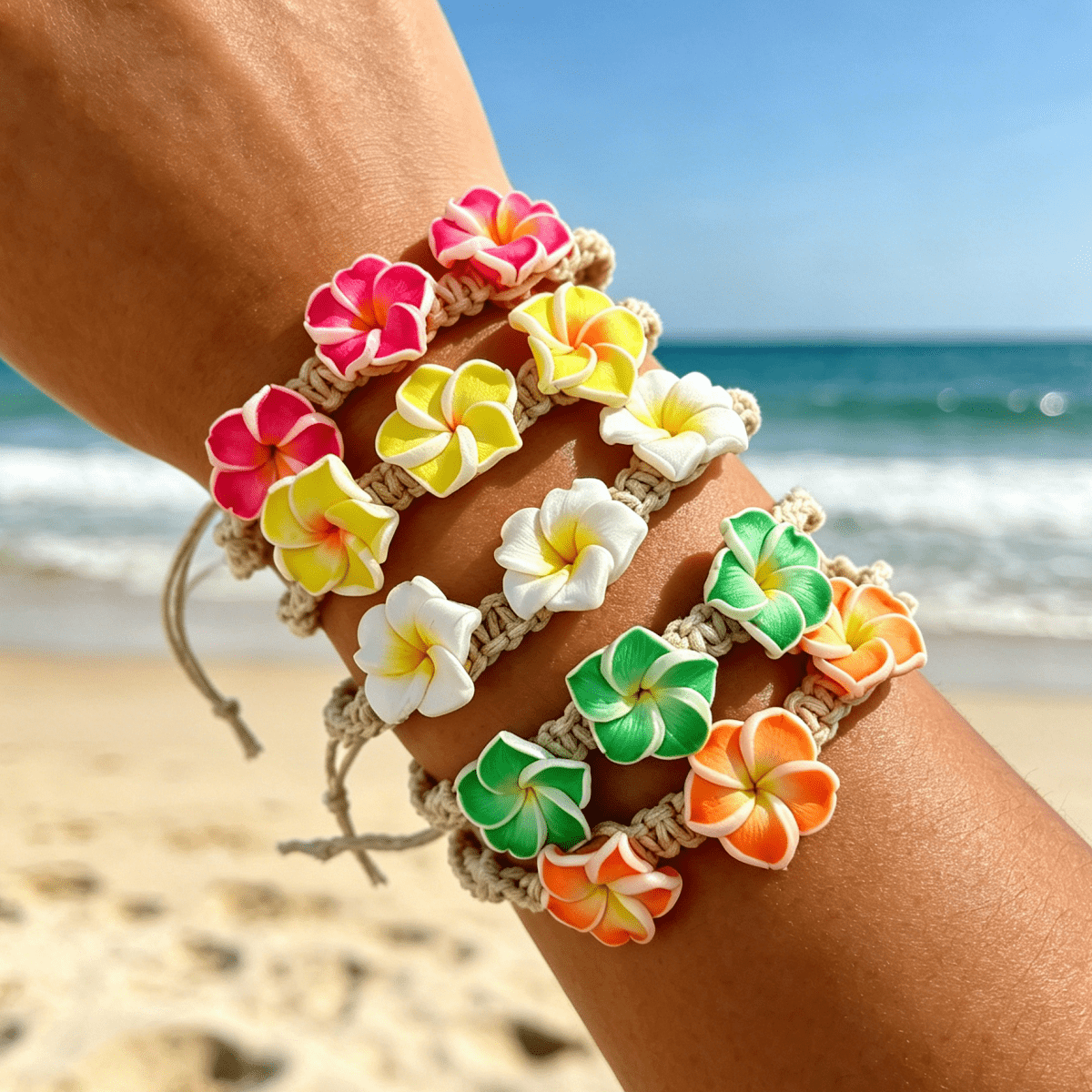 TEMU 5pcs 5pcs Men's & Women's Bohemian Hand-woven Plumeria Flower Bracelet Set - Flower Beads, Suitable For Daily Wear, Beach Parties, Birthdays,