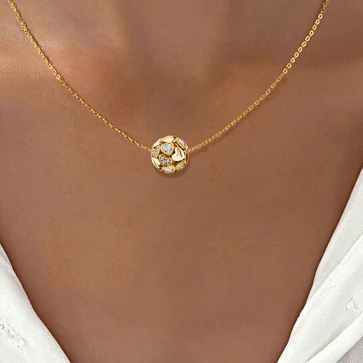 Women's Heart Shape Charm Beads Pendant Necklace, 925 Silver Plated