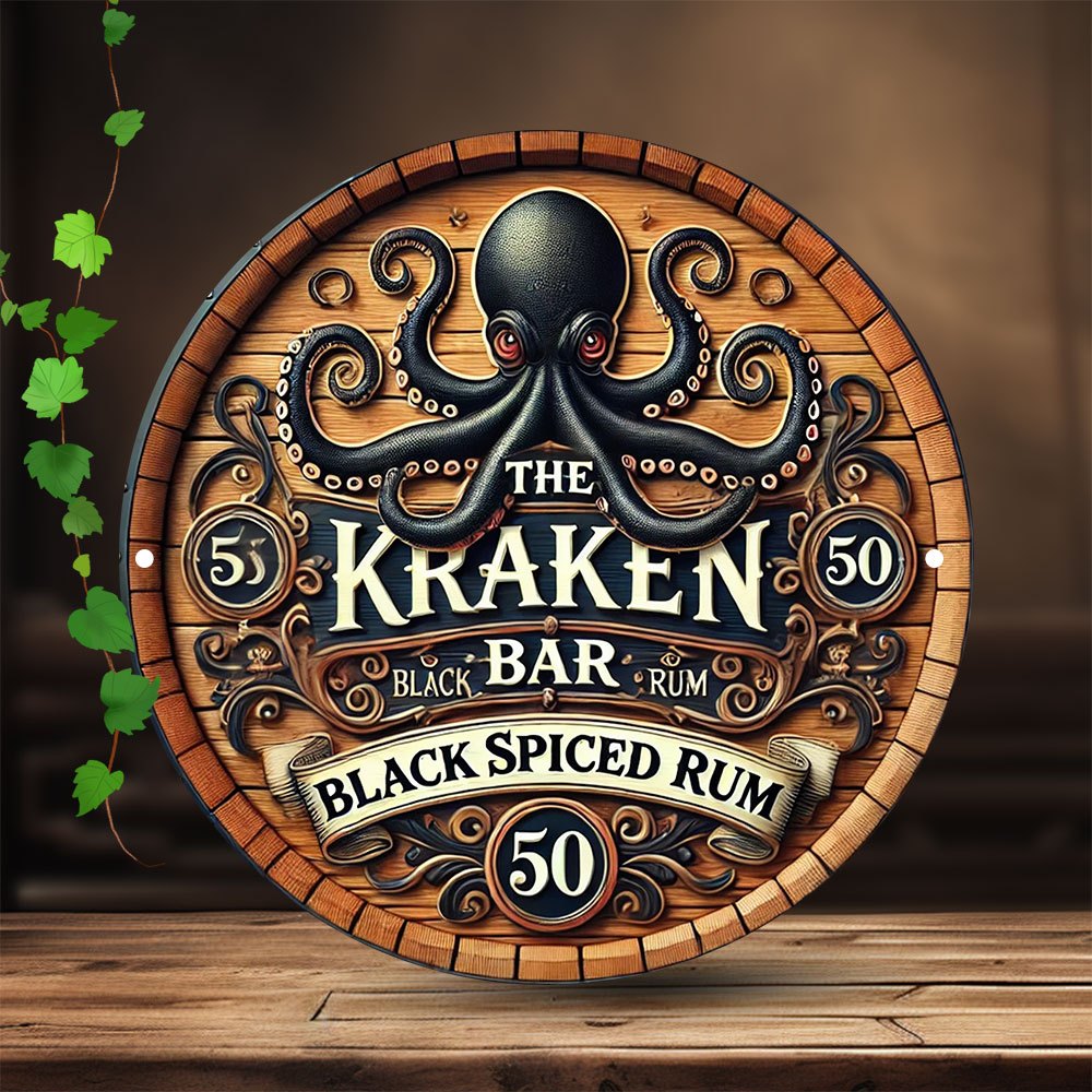 E-shop 2D Flach, 1 Stück 2D Flachdruck Metallschild [2D Flach] Vintage Oktopus "Kraken Rum Bar" Metallschild - 19,81 cm Runde Wandkunst, Schwarzes