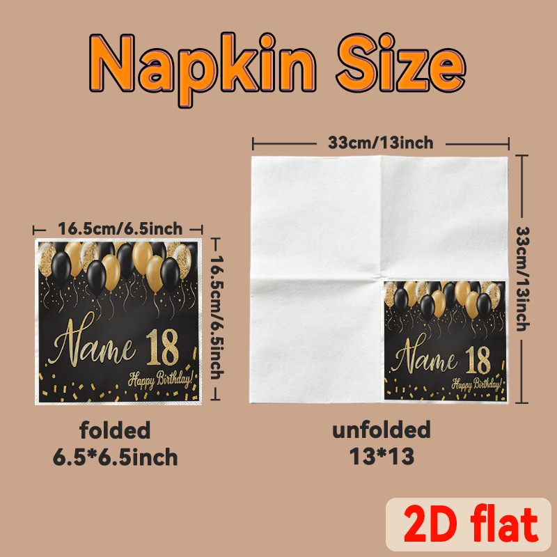 TEMU Serviettes de table 2D plates personnalisées, 20 pièces, ballons dorés et noirs pour un 18e anniversaire, parfaites pour décorer les serviettes