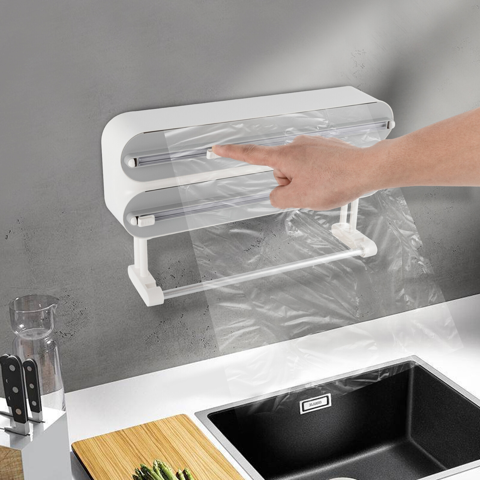 Image of Wall Mounted Cling Film Dispenser, Grey Color 3in 1 Aluminum Foil Dispenser, Magnetic Paper Towel Holder, For Cling Film, , Baking Paper, And Kitchen Paper