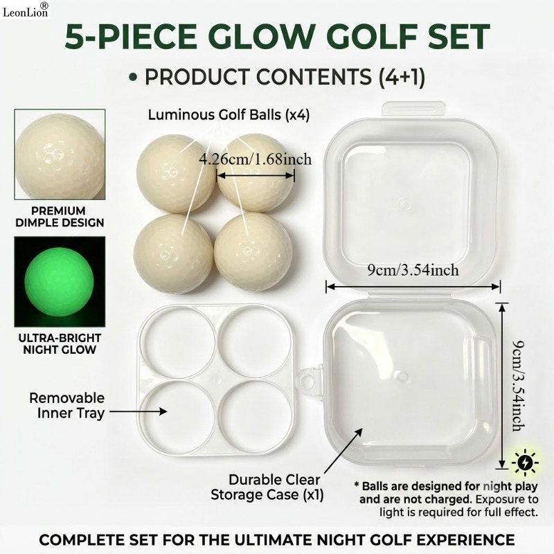 TEMU -the-dark Golf Balls, 5pcs Set [4pcs Fluorescent Golf Balls And 1pc Storage Box] Long-lasting Light-absorbing Luminous Golf Balls Indoor Outdoor