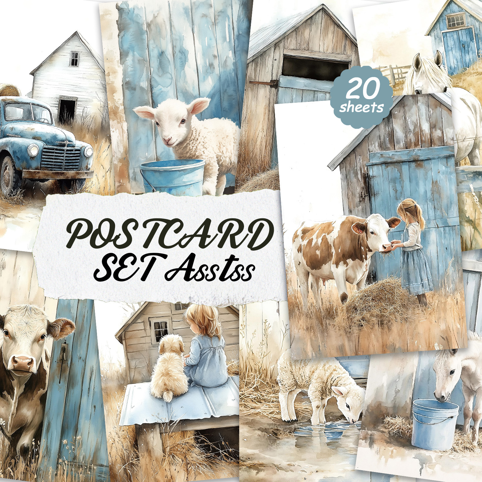 TEMU Set van 20 Diverse Vintage Lichtblauwe Postkaarten met Boerderijthema, Formaat 4x6 inch, met Klassieke Illustraties. Ideaal voor Scrapbooking en