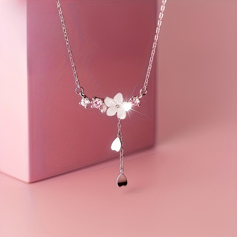Image of 1pc Sparkling Synthetic Zirconia Tassel Leaf Cherry Necklace, Ideal Valentine's Gift For Lover, For Daily/party/vacation/music Fest/banquet, Xmas/valentine's Gift For Friend/lover