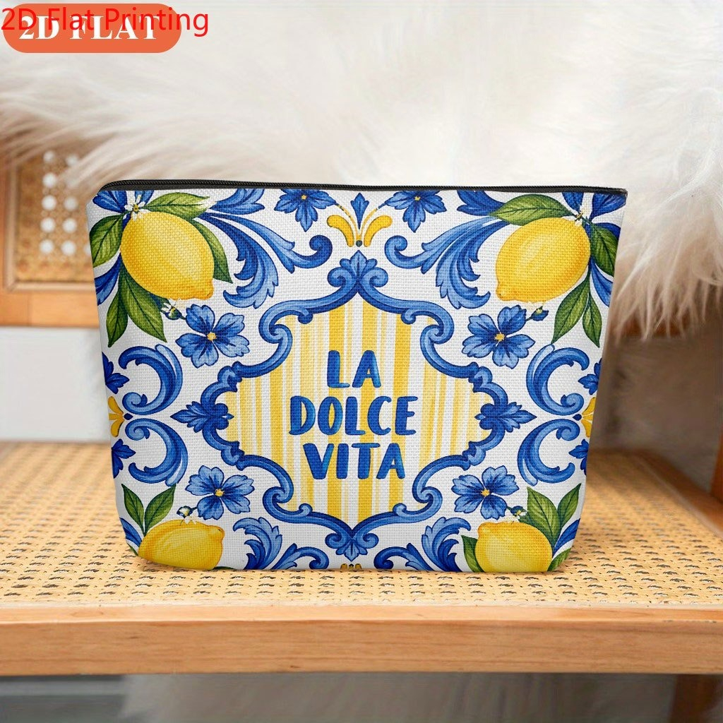 TEMU 2d Flat Printing, 1pc Double-sided Printed Makeup Bag, Italian-style Floral Lemon, Zippered Pouch Material Outdoor Storage Bag, Large Capacity