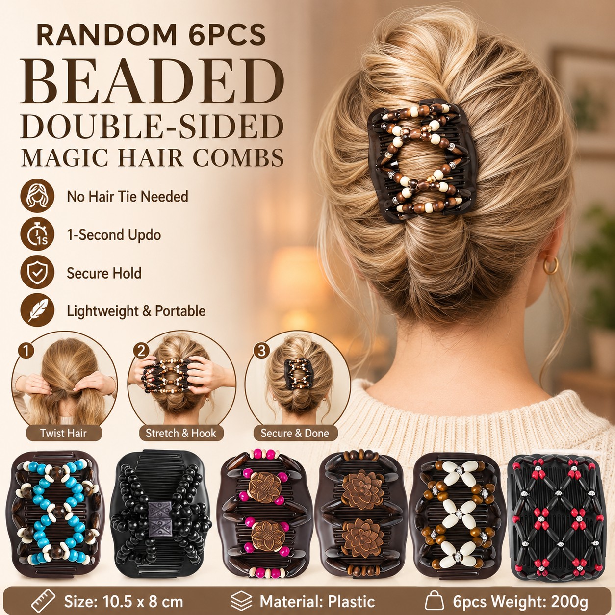 TEMU 6pcs Random Beaded Elastic Double-sided Magic Hair Combs, Lazy Quick Hair Up Styling, No Rubber Band Non-slip Hair Forks, Versatile Hair