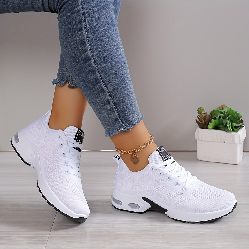 new womens black white breathable mesh low top sneakers with shock absorbing pu air cushion anti slip rubber sole anti odor technology modern lace up casual sports   day   slipresistant footwear  able   everyday footwear durable construction daily wear details 3