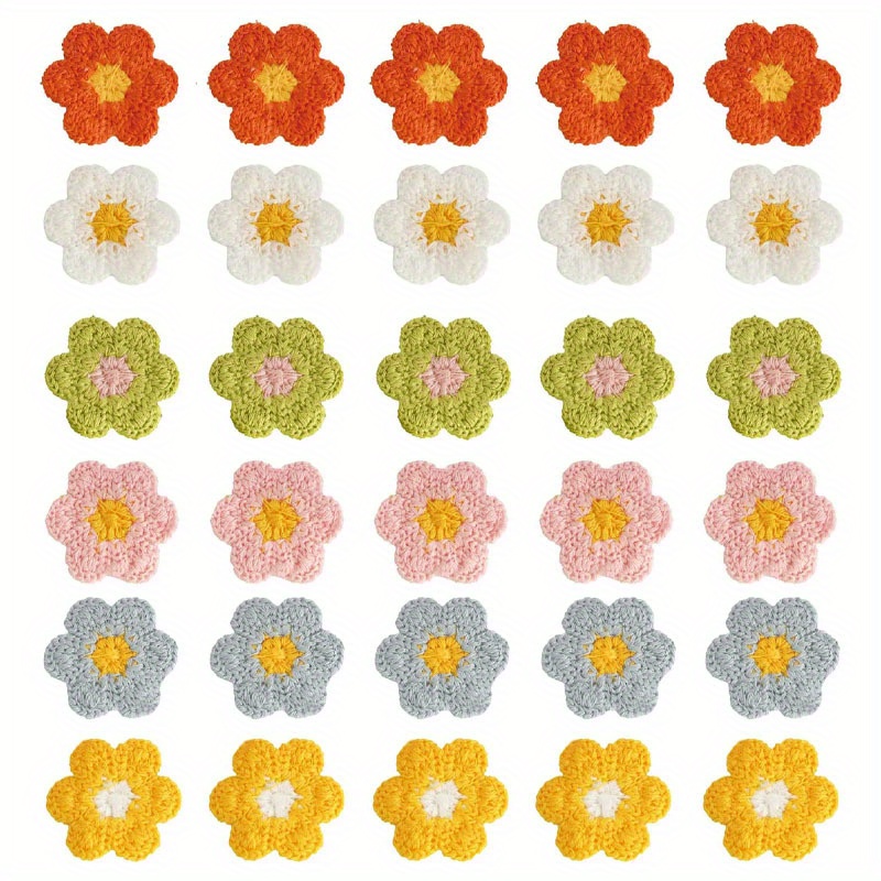 30pcs Crochet Flower Applique, Small Yarn Sew On Floral Patches Embellishment For Sewing Craft, Doll Scrapbooking Hair Accessories Jewelry Decoration