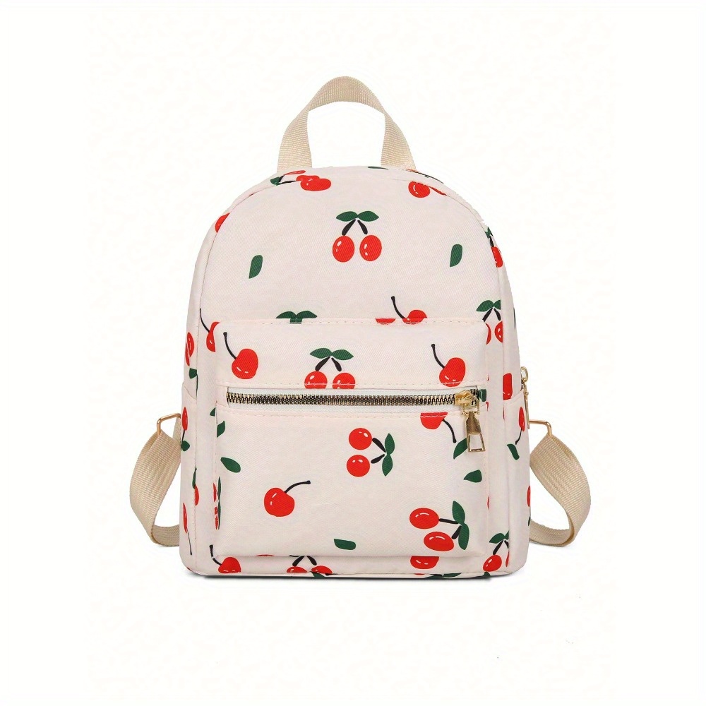 TEMU 1pc Trendy Cherry Print Mini Backpack For Women - Stylish Nylon With Multiple Compartments, Adjustable Straps & Zipper Closure, Perfect For Daily Use & Travel, Travel Backpack