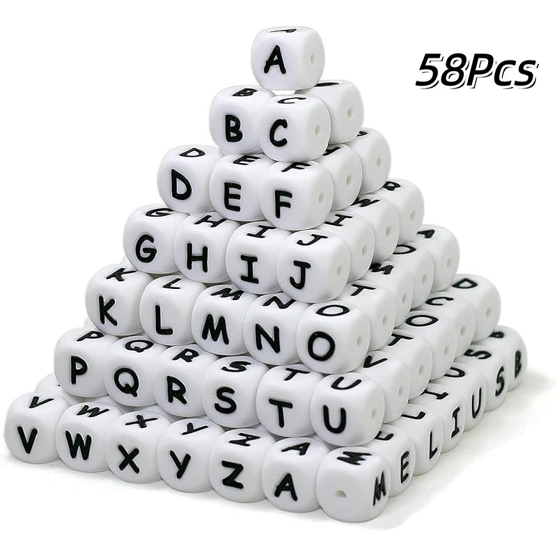 58pcs Silicone Letter Beads 12mm A-z | Extra For Vowel Letter, And Accurate Square Letters For Bracelet, Stethers, Key Chains, Necklace, Lanyards - White
