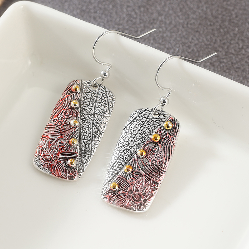 Ethnic Rectangular Three-Color Carved Flowers Dangle Earrings