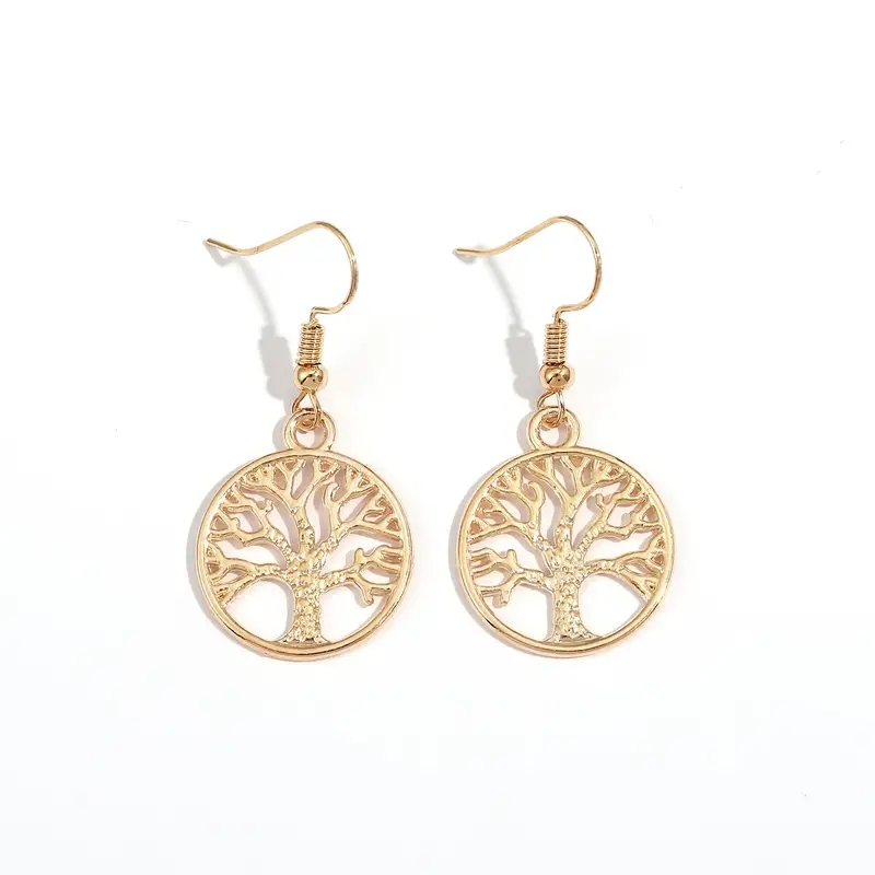 1 Pair Golden Color Round Life Tree Pendant | Drop-style Earrings, Suitable For Daily And Party Occasions, Plated Iron