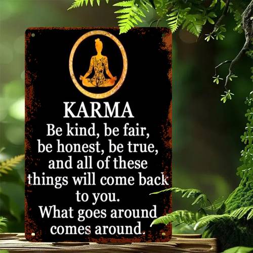 1pc vintage metal for karma wall decor spiritual law of cause effect for karma tibetan meditation symbol rustic black golden art plaque lightweight aluminum sign for home studio easy mounting hardware included minimalist zen decoration christmas halloween easter thanksgiving gifts spiritual mindfulness decor metal signs christmas decorations