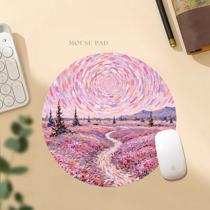 TEMU A Round Mouse Pad Designed With An Abstract Pink Sky Pattern. It Has A Non-slip Rubber Base And Is Suitable For Laptops Or Computer Desks. A